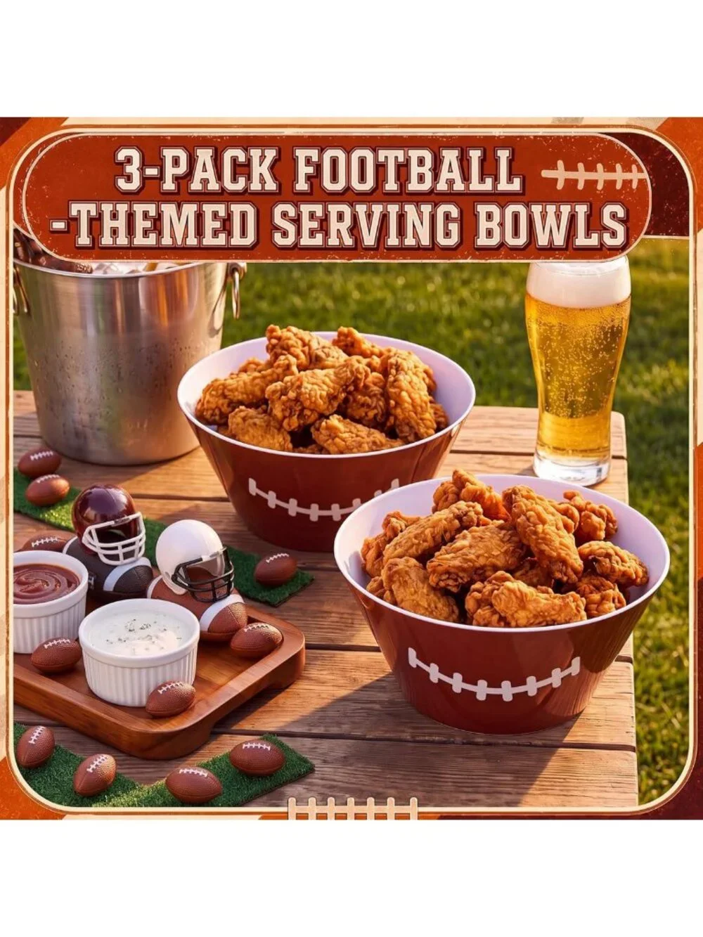 Set of 3 Large 10'' Melamine Football Serving Bowls - Perfect for Snacks